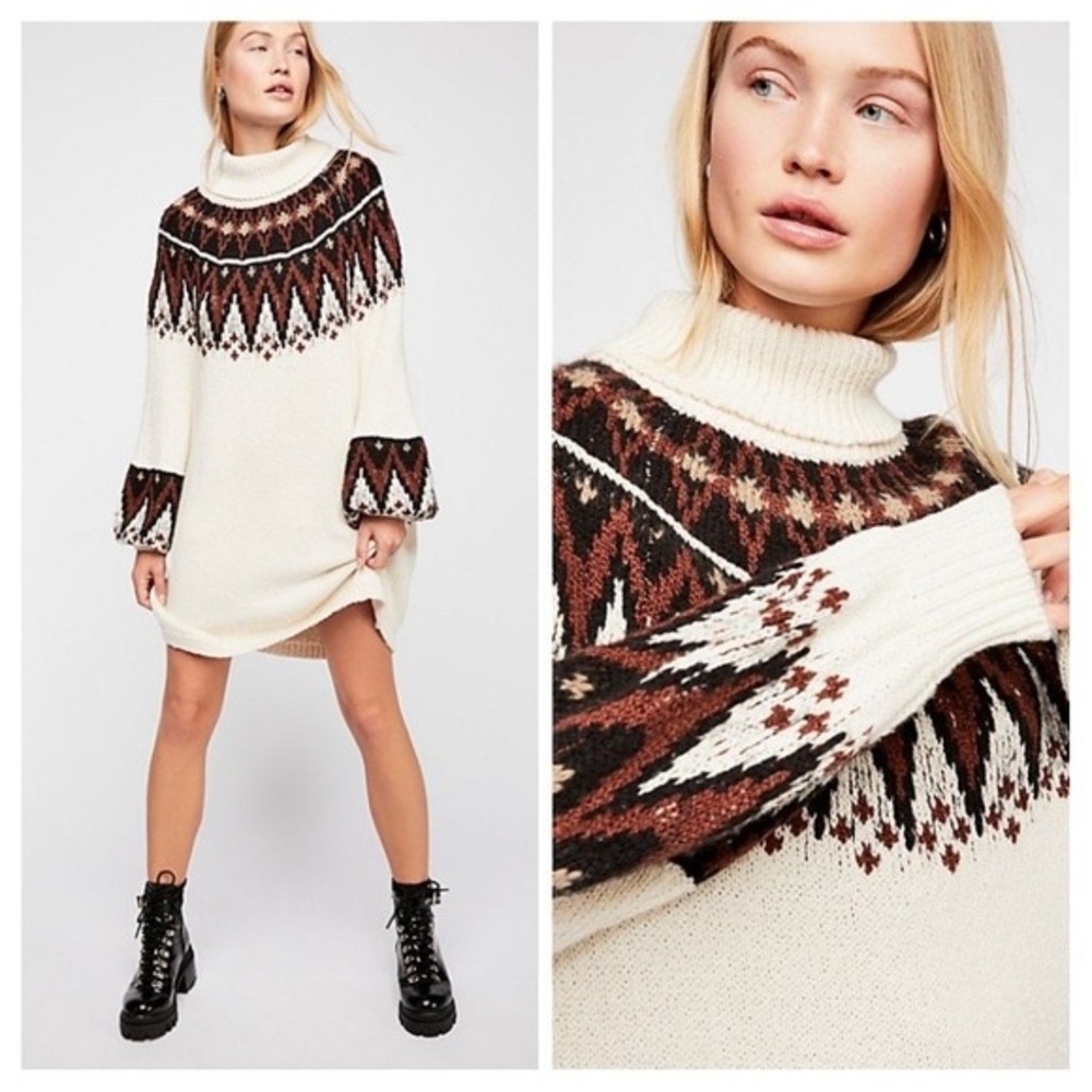 Free People Scotland Fair Isle Sweater Dress XS Boho Mock Neck‎ Wool Mohair Ski